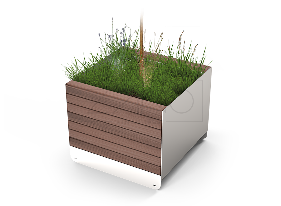 urban tree pot made of stainless steel and wooden plank finish