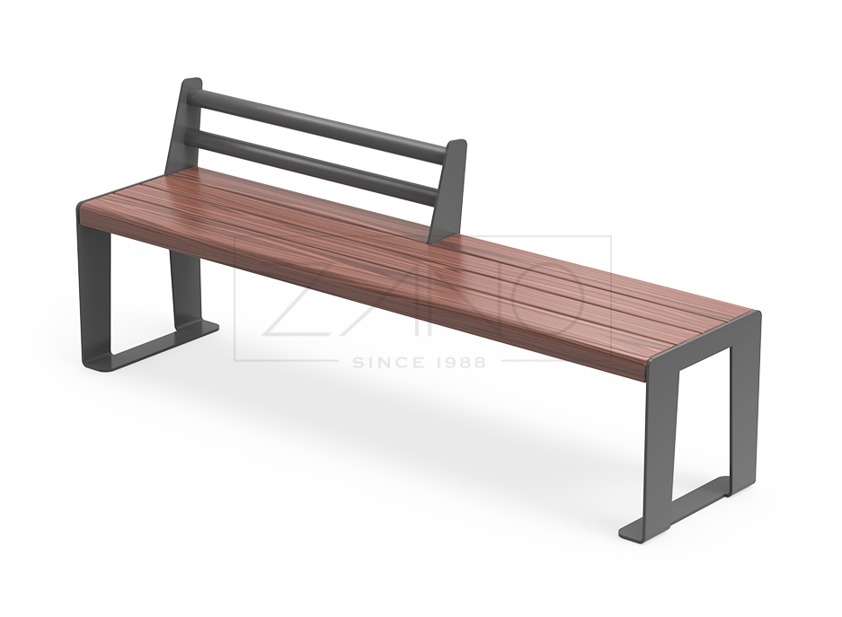 Reliq city bench made of black steel and wood, with half backrest