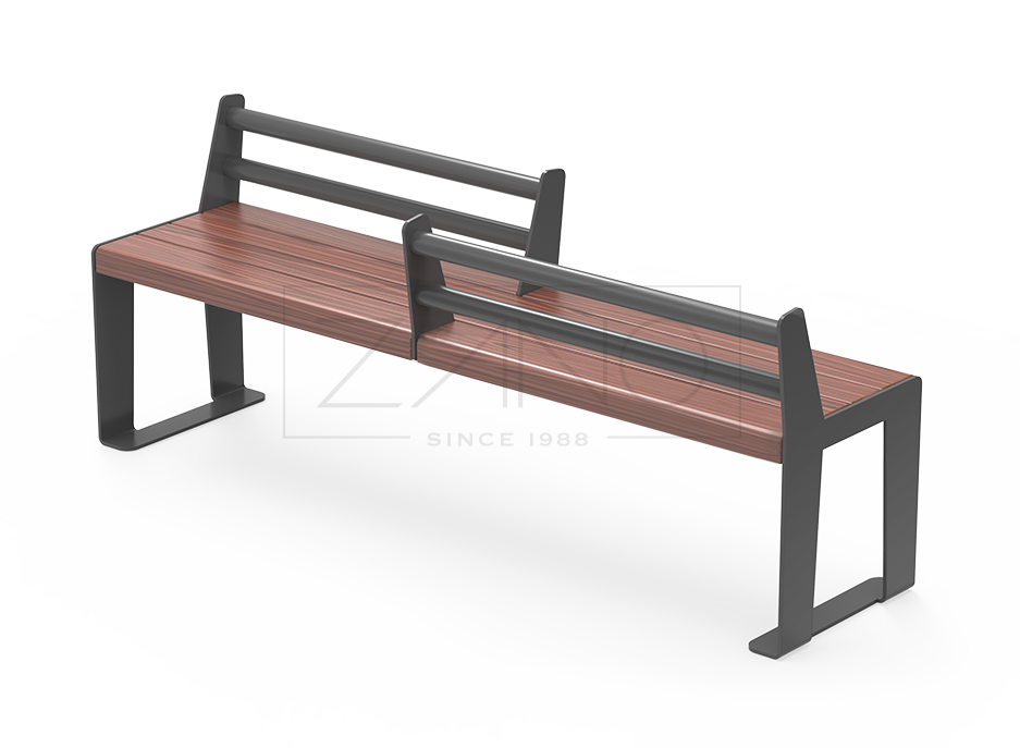 Reliq bench in steel and wood, with opposing backrest.