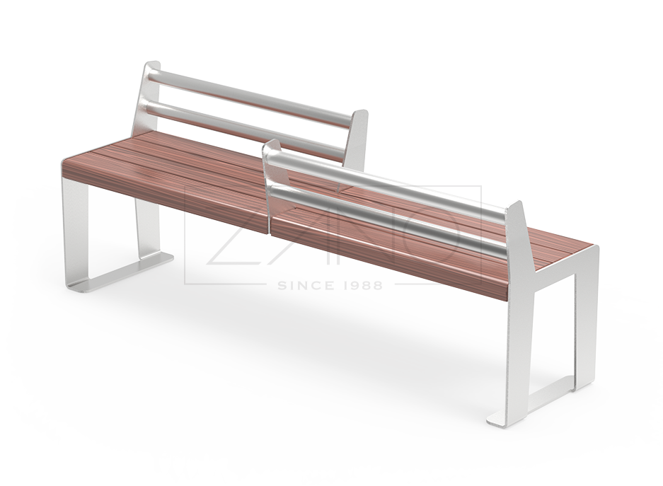 Reliq bench in steel and wood, with a stainless steel counter back.