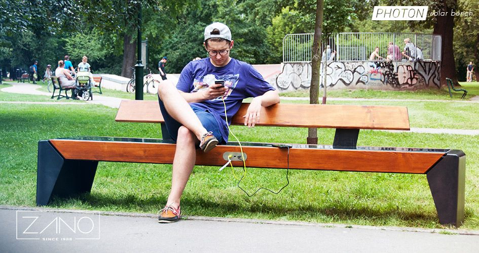 Modern solar bench with led lighting, wifi and usb panel