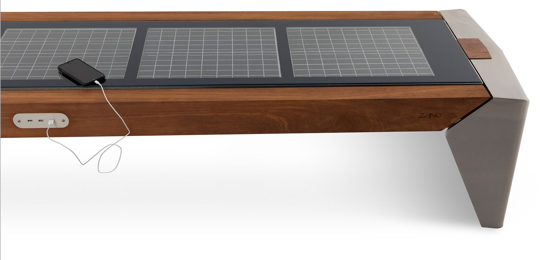 Photovoltaic panels in city benches power USB and inductive charger