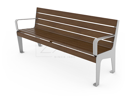 Stylish city bench for seniors in stainless steel and wood, with backrest and armrests