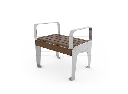 Park seat with armrests made of stainless steel and spruce wood lacquered in Walnut color