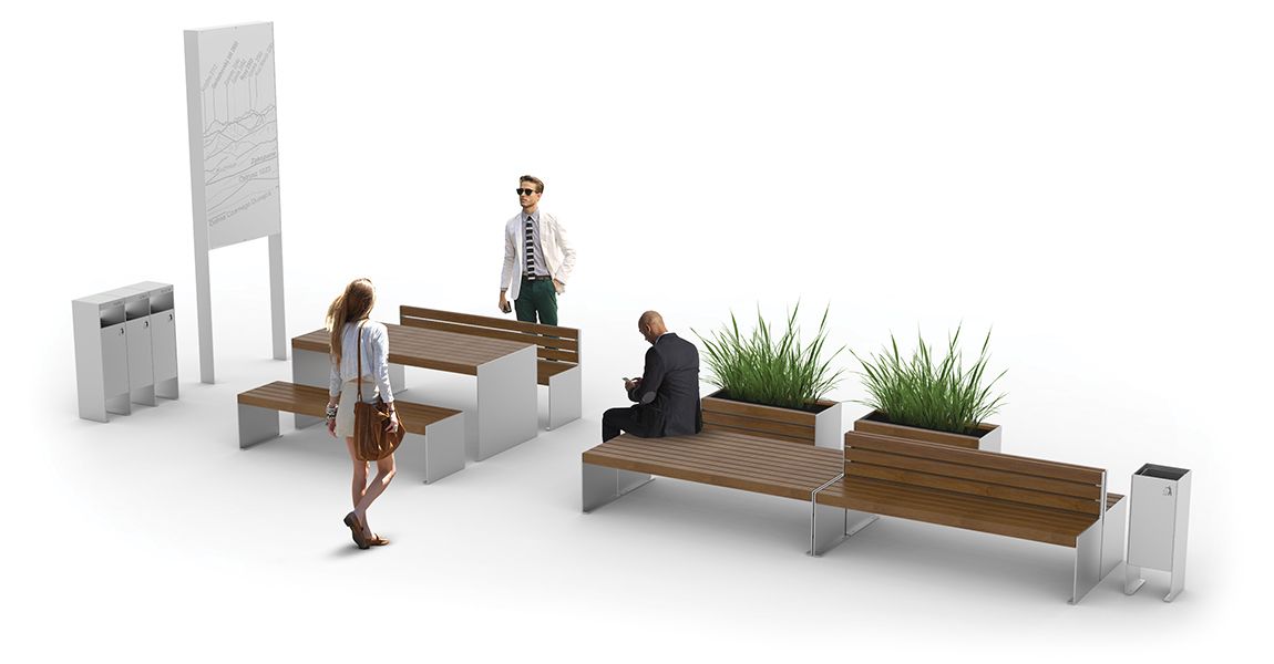 Urban furniture in stainless steel and exotic wood: benches, benches, trash cans, plant pots