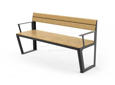 City bench with backrest and armrests made of carbon steel and wood