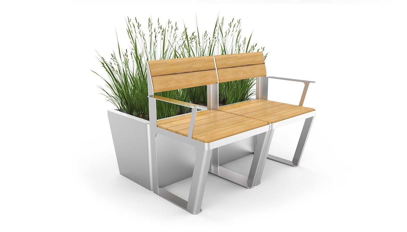 City bench with pot | Steel, wooden city furniture