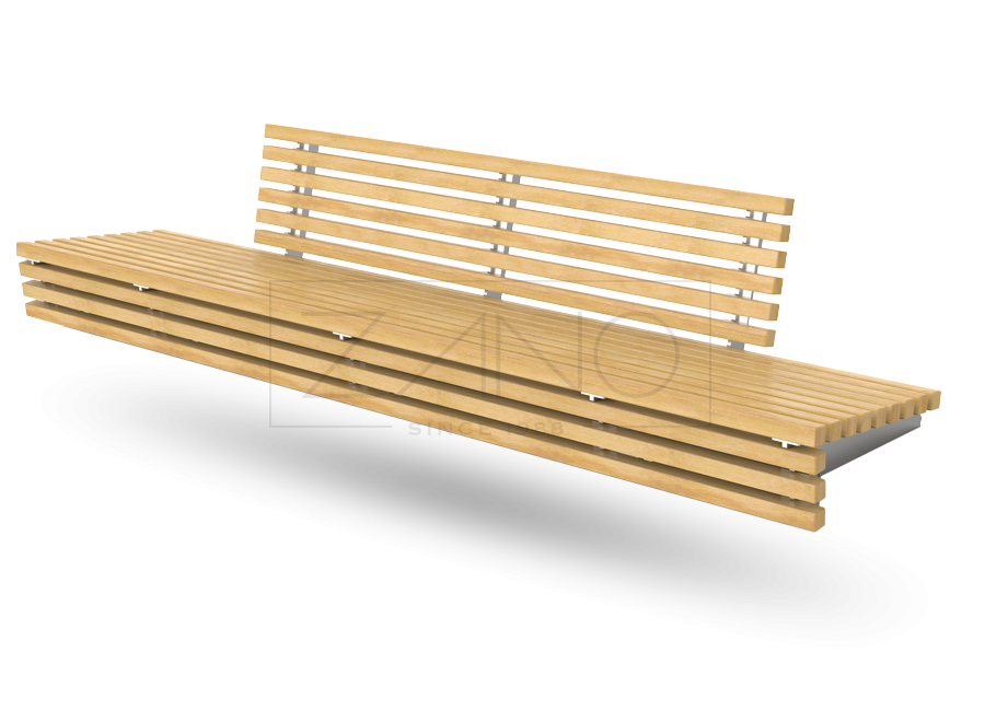 Wall-mounted bench constructed of steel and wood.