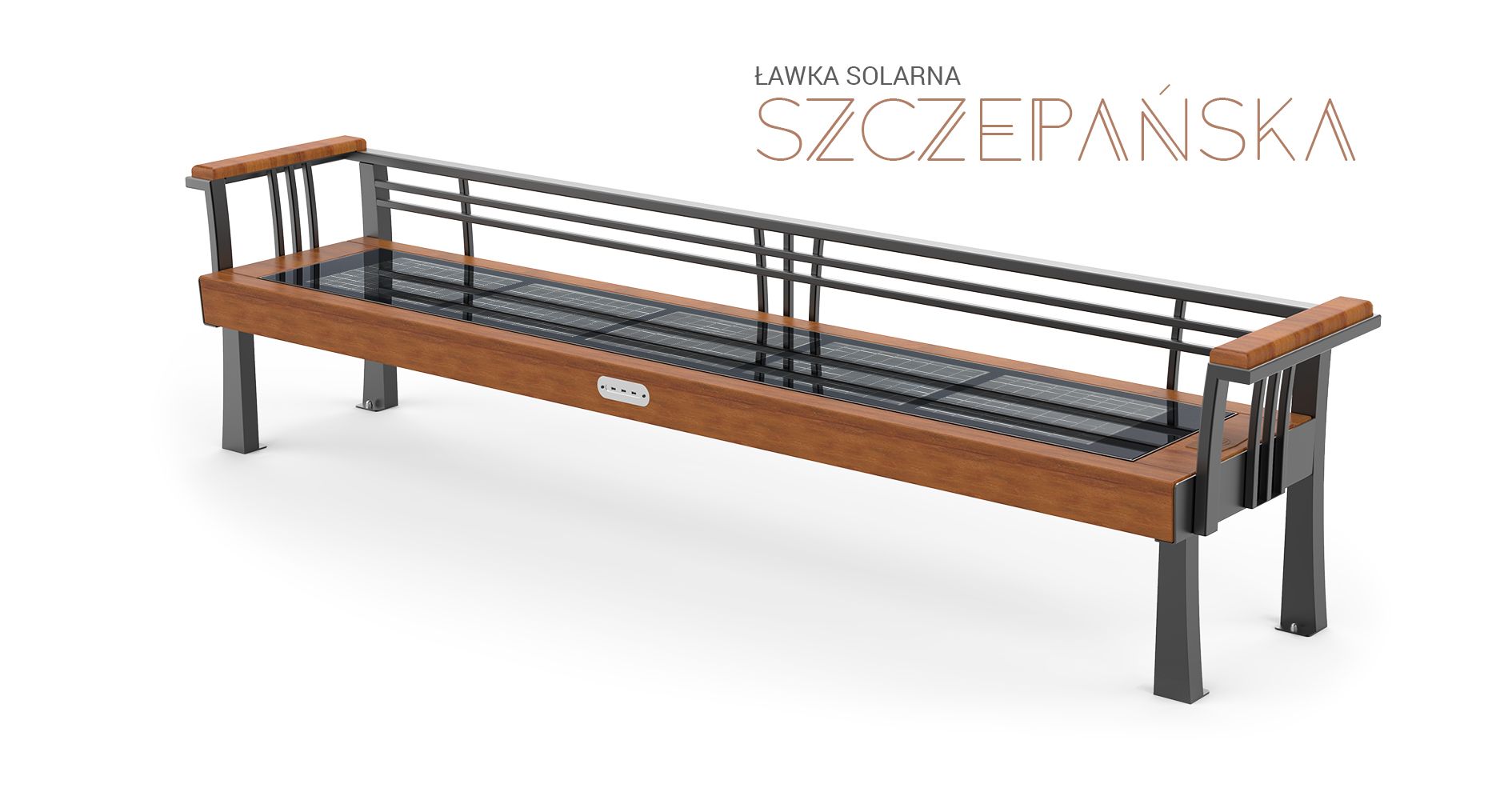 Multimedia bench, solar bench contracted from steel and wood