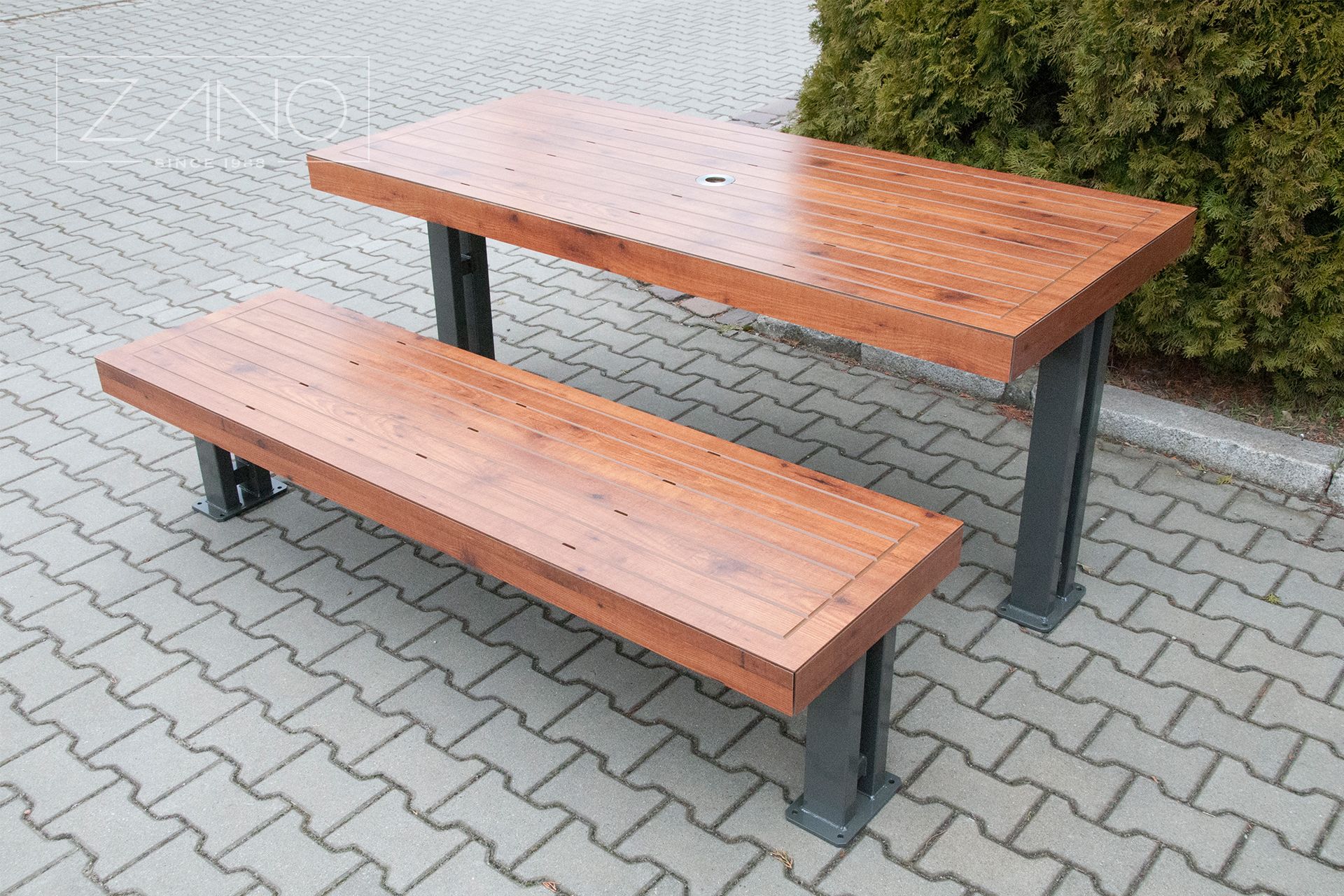 City table and bench with carbon steel structure and HPL board top