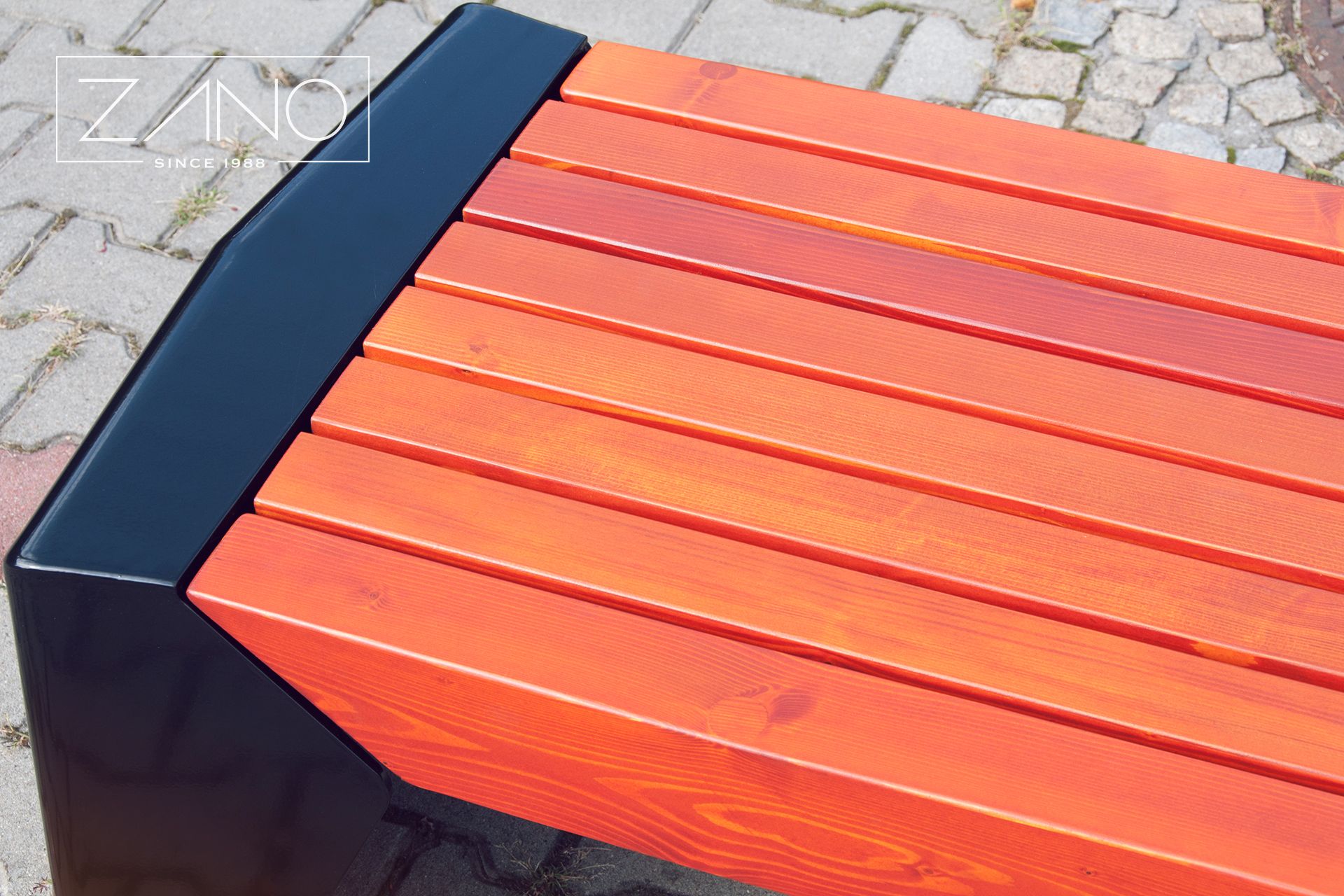 Steel-framed city bench with wooden seat