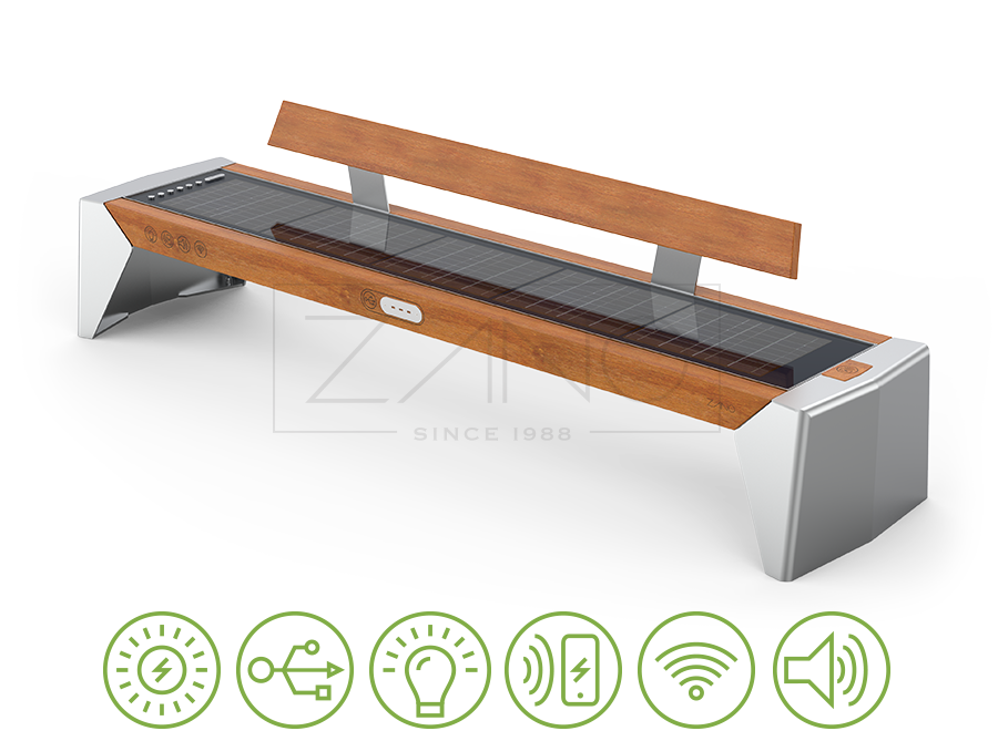 Bench with solar panels, phone charging, wifi panel, usb, inductive charging