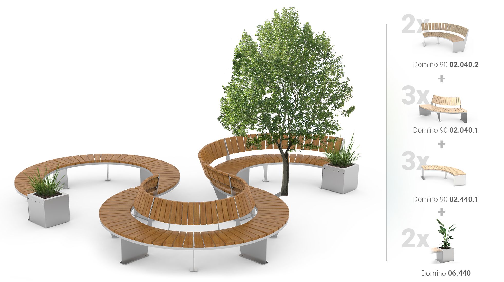 Set of city benches with flower pots