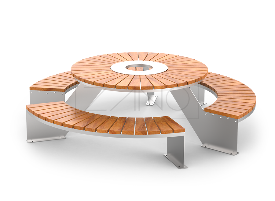 Picnic table with three benches made of stainless steel and exotic wood